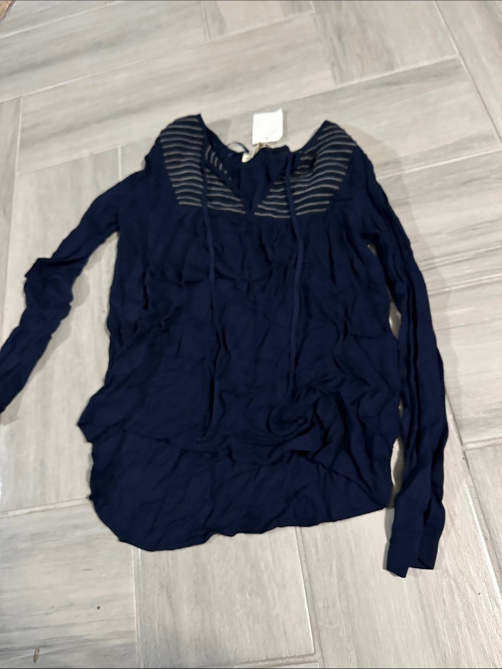 NWT Navy BLUE Long Sleeve Sheer Yoke Tie Top